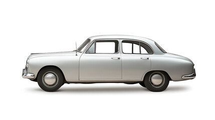 Fototapeta premium A silver car, side view on white background with copy space