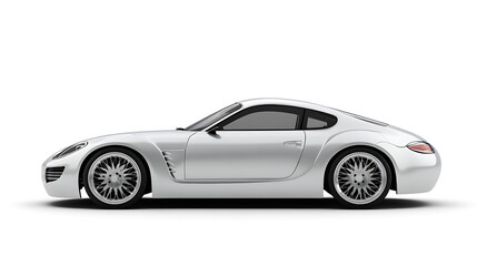 A silver car, side view on white background with copy space
