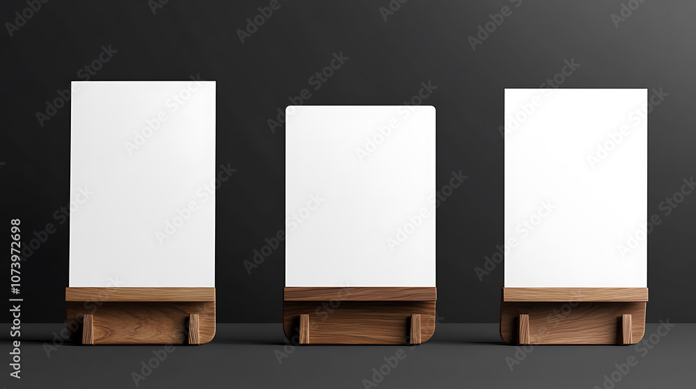 Poster a vector set of realistic 3d blank a4 vertical paper sheets and cards on wooden holders, including s