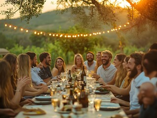 A group of friends sitting around a long table laughing