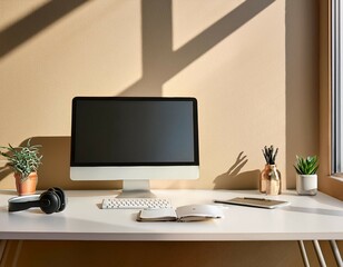 Fototapeta premium desktop of modern white stand up desk with computer leather notebook headphone in sunlight from window on beige wall for home office working technology lifestyle product background 3d