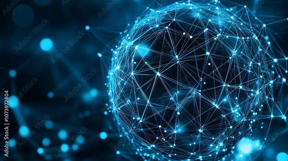 Poster abstract black and white low poly network grid on sphere with dots and lines, technology background 