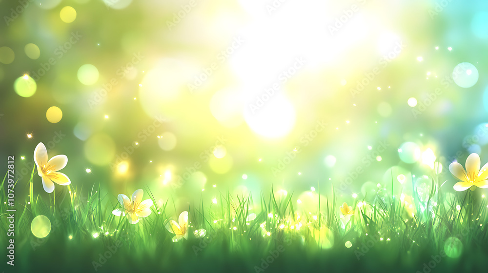 Aufkleber abstract blurred spring background with bokeh light effect and green grass in sunlight blurred natur