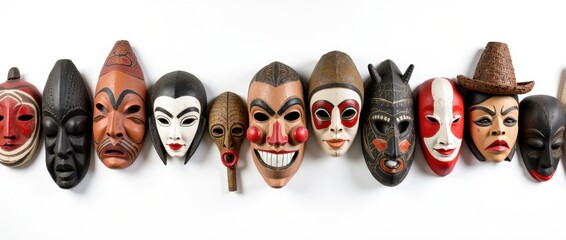 Traditional Masks from Different Cultures on a White Background