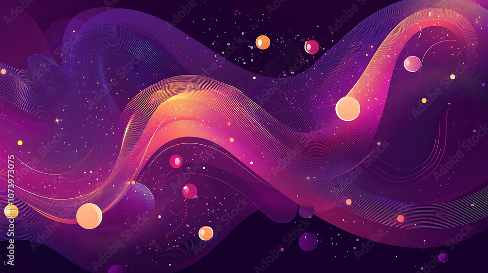 Poster abstract digital art illustration of glowing lines and dots forming curves, spirals and circular sha