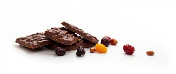 Obraz premium Dark Chocolate Pieces with Dried Fruits and Nuts on White Background