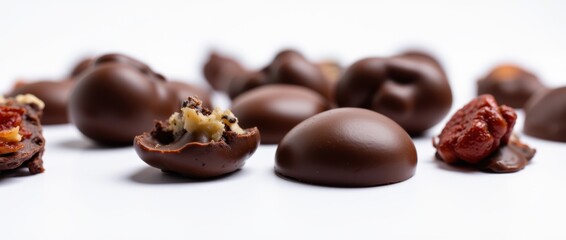 Dark Chocolate with Dried Fruits and Nuts on White Background