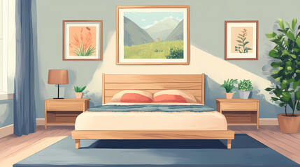 Modern bedroom with rustic wooden furniture. a cozy modern bedroom featuring a rustic wooden bed, nightstands, minimalist decor, and framed nature art. Rustic. Illustration