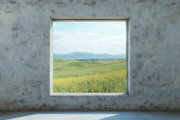 A window reveals a picturesque view of verdant hills and blooming fields, inviting tranquility and natural beauty into the space. Generative AI