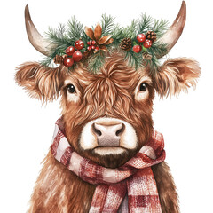Adorable Clipart Illustration of a Highland Cow Wearing a Scarf and a Christmas Garland on its Head