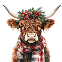 Clipart Illustration of a Scottish Highland Cow Wearing a Scarf and a Christmas Garland on its Head