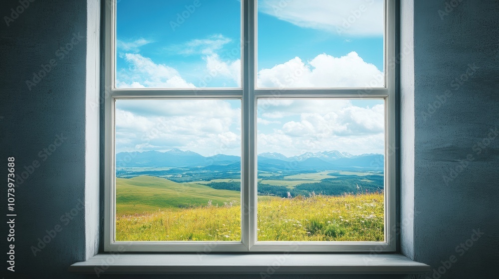 Poster bright sunlight illuminates a window showcasing a lush landscape with hills under a clear blue sky, 
