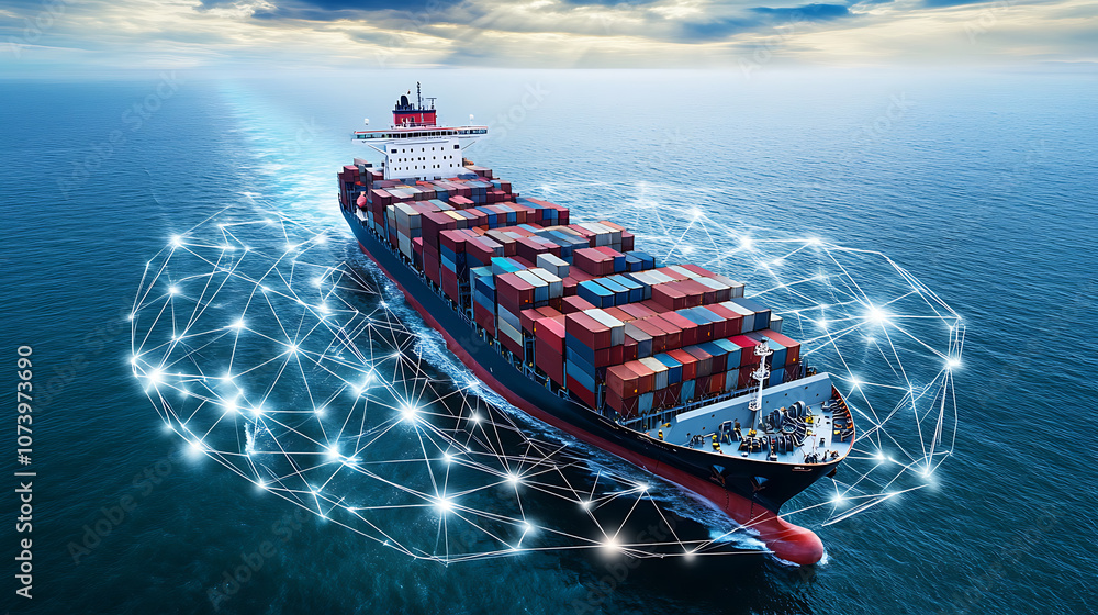 Poster aerial top view of a container ship cargo business, illustrating international import and export log