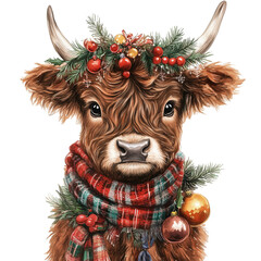 A Baby Highland Cow Wearing a Scarf and a Christmas Garland on its Head, Clipart Illustration