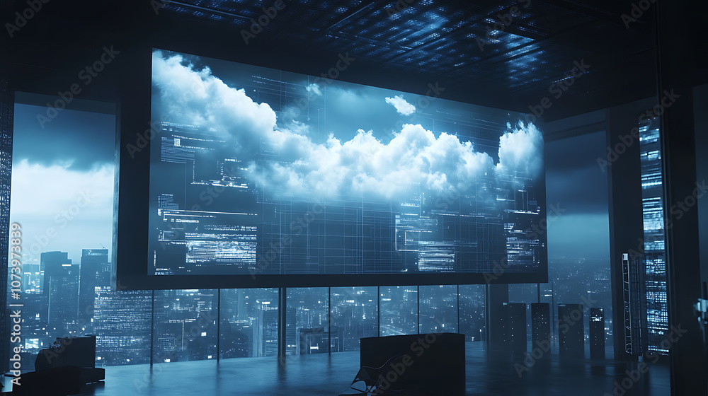 Aufkleber Big screen displays security breach warning from cloud security hacker attack, Concept Cloud Security