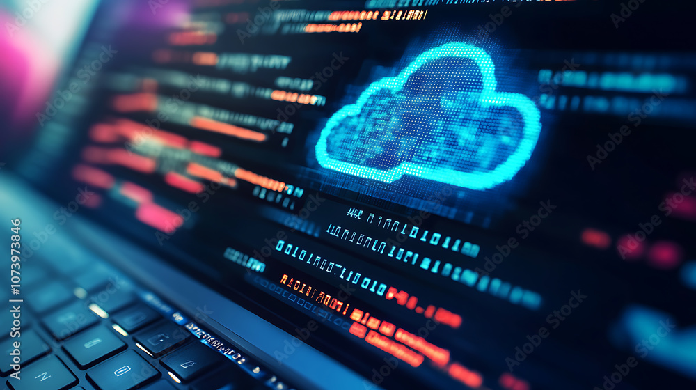 Poster Big screen displays security breach warning from cloud security hacker attack, Concept Cloud Security