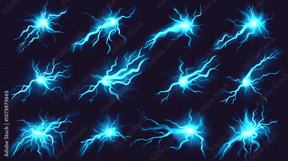 Poster Animated cartoon lightning sprite, Blue vector thunderbolts strike in a sequence of frames for a visual effects animation sheet, Depicting an electric thunder impact at night