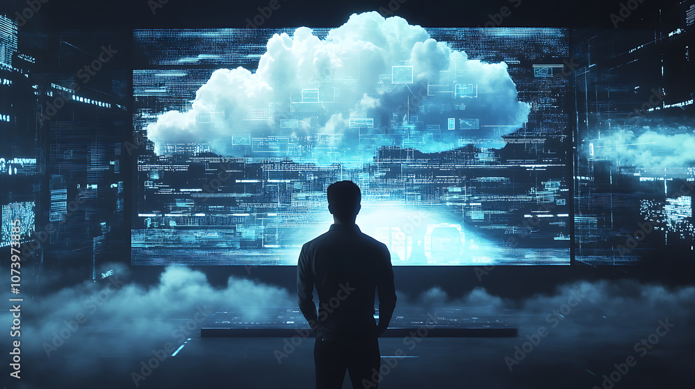 Poster big screen displays security breach warning from cloud security hacker attack, concept cloud securit
