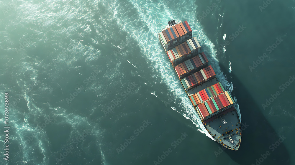 Poster aerial top view of a container ship cargo business, illustrating international import and export log
