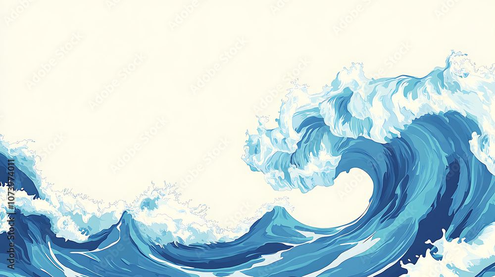 Poster blue wave background, simple flat design with white space on the right side, white and blue color sc