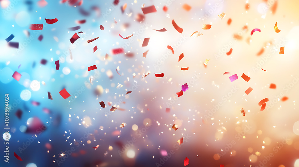 Poster blue, white and red confetti falling on a blurred background with copy space for an american nationa