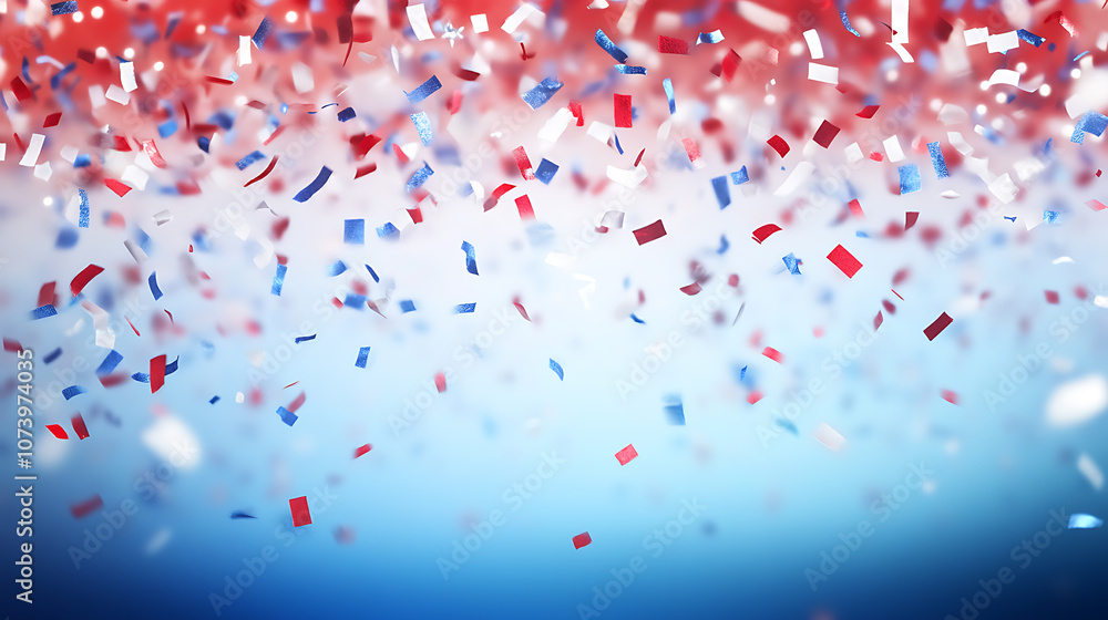 Poster blue, white and red confetti falling on a blurred background with copy space for an american nationa