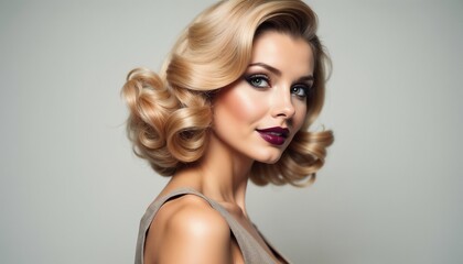 Portrait of a woman with a classic vintage hairstyle and striking makeup, exuding elegance and...