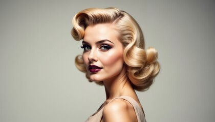 Portrait of a woman with a classic vintage hairstyle and striking makeup, exuding elegance and...