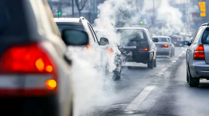 Air pollution from car exhaust smoke in city traffic, focusing on reducing global warming pollution and carbon dioxide from engine combustion