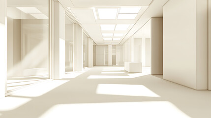 Fototapeta premium An empty room with white walls and a modern interior, offering a perspective view of an office or gallery hall with ceiling lamps, illustrated as a realistic white box