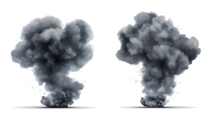 Black realistic smoke and dust clouds isolated on a white background, depicting dirty polluted smog or fog, air pollution, and smoke from fire or explosion, vector illustration