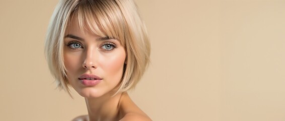 Close-up portrait of a woman featuring a stylish blonde bob haircut and striking blue eyes, radiating elegance and beauty with soft lighting and a neutral background.