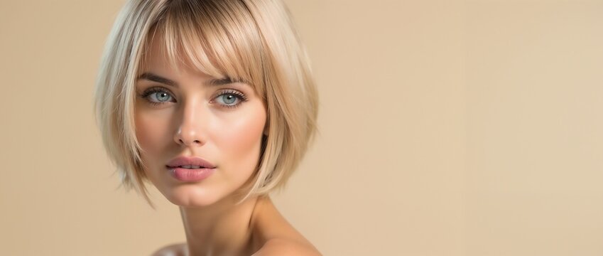 Close-up portrait of a woman featuring a stylish blonde bob haircut and striking blue eyes, radiating elegance and beauty with soft lighting and a neutral background.
