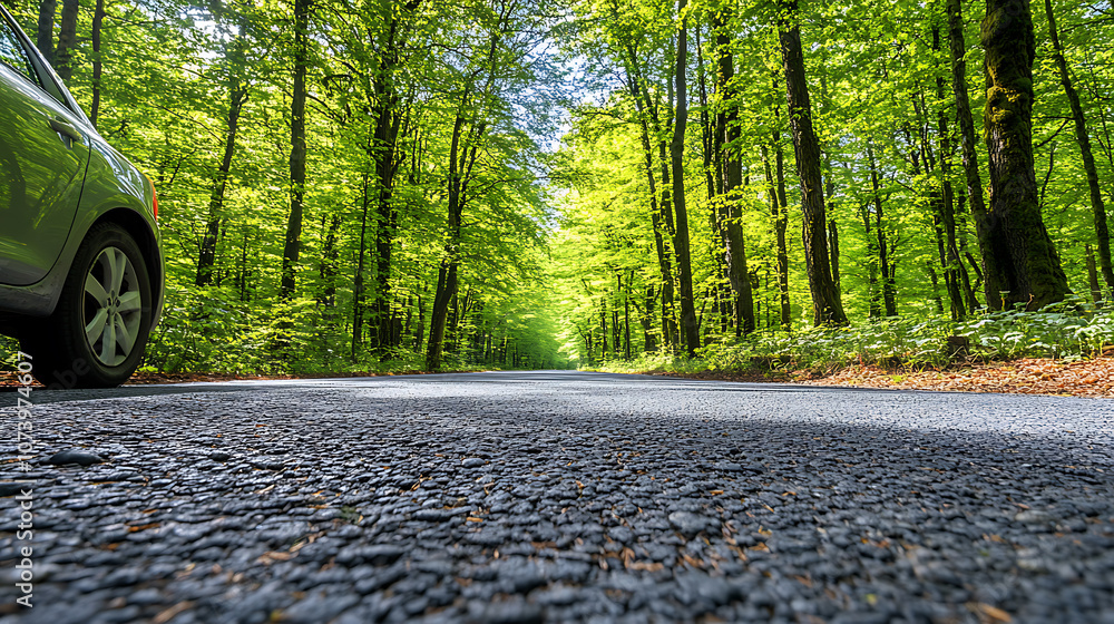 Poster close up of a car tire on an asphalt road in a forest on a sunny day during the summer a closeup vie