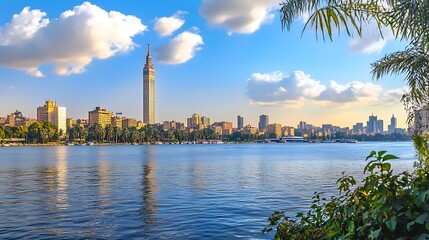 Golden Hour Capturing TV Tower Over Peaceful Nile River picture