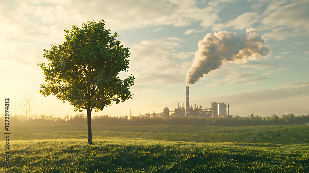 Aufkleber Compare a green tree and meadow with clear air to a factory emitting pollution and its effects on climate change, 3D illustration rendering