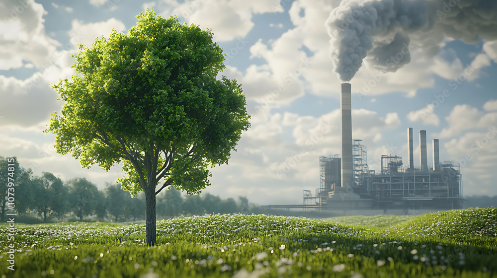 Poster Compare a green tree and meadow with clear air to a factory emitting pollution and its effects on climate change, 3D illustration rendering