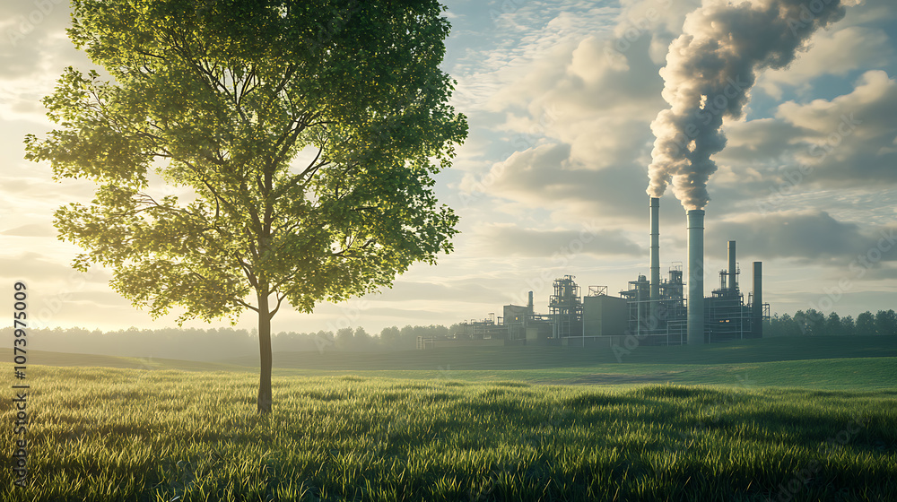 Poster Compare a green tree and meadow with clear air to a factory emitting pollution and its effects on climate change, 3D illustration rendering