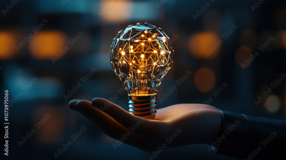 Poster a person holds a glowing light bulb containing a digital circuit inside against a dark background in
