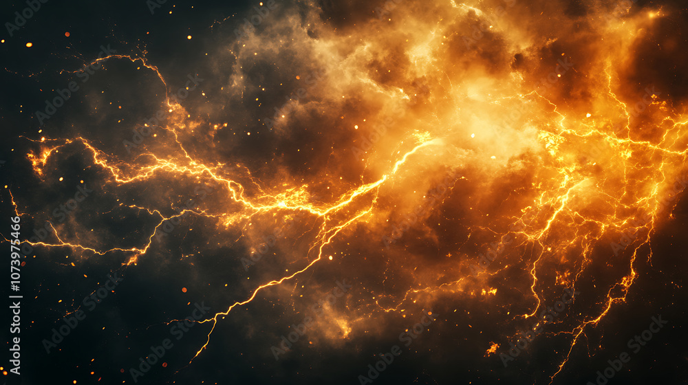 Poster Lighting thunder on dark background, Realistic background in the form of lightning, A powerful charge causes many sparks
