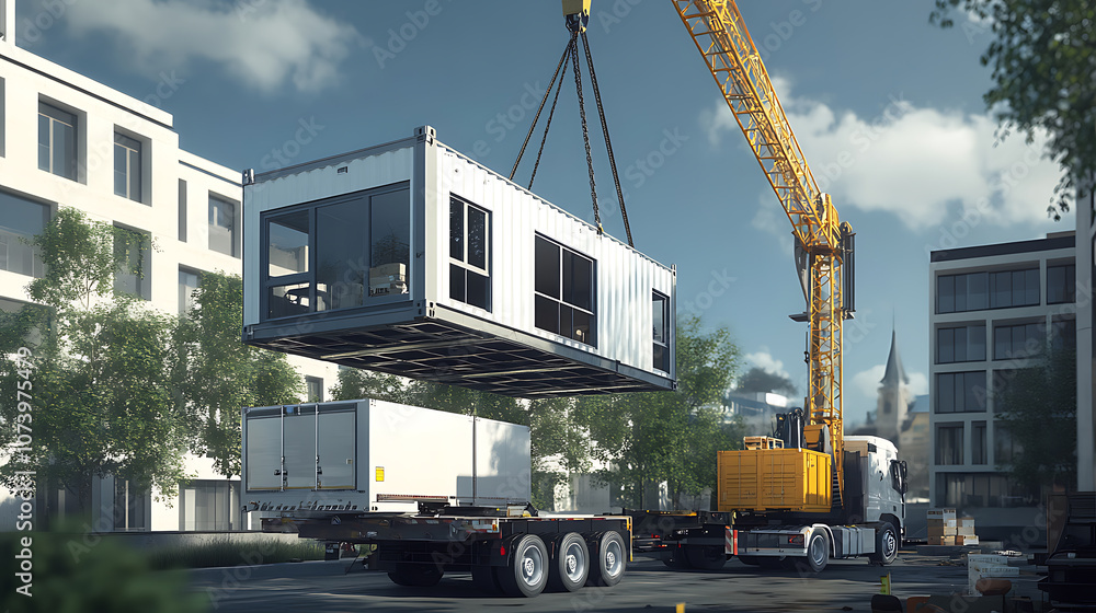 Poster crane trucks transporting mobile office buildings or container site offices for installation at cons