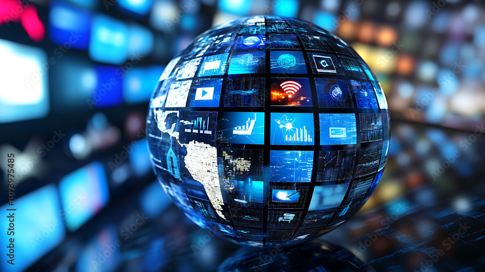 Poster digital globe with global network connections and images of social media, digital marketing concept 