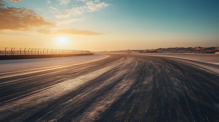 Fototapeta premium Deserted Formula 1 race track at dawn with visible tire tracks, Desert race track concept, Formula 1