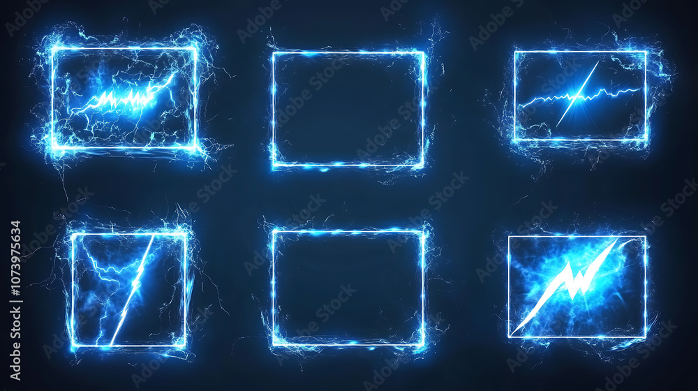 Poster Lightning frames, blue electric borders of rectangular and square shapes with thunder bolt effect, Isolated photo frames with thunderbolt impact, magical energy flash, realistic 3D vector bolts set