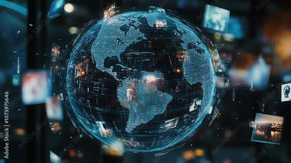 Poster a digital globe with global network connections and a cityscape background, representing the concept