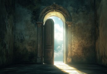 Obraz premium An open door leading to the sky, with light emanating from it and a dark background