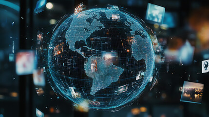 A digital globe with global network connections and a cityscape background, representing the concept of connectivity in business