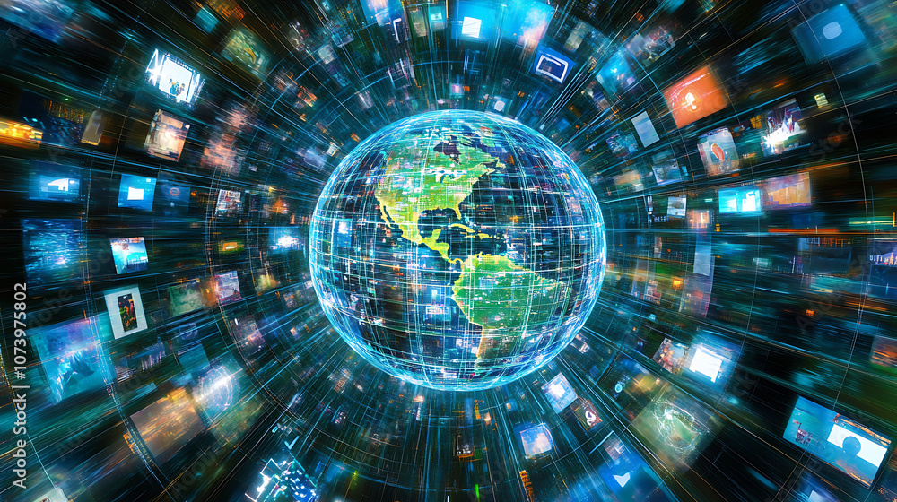 Poster digital globe with global network connections and images of social media, digital marketing concept 