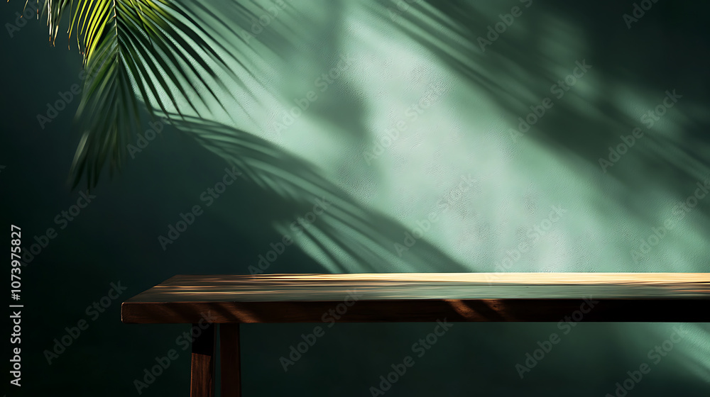 Poster minimal abstract background for a product presentation, a green palm shadow on the wall, an empty ta