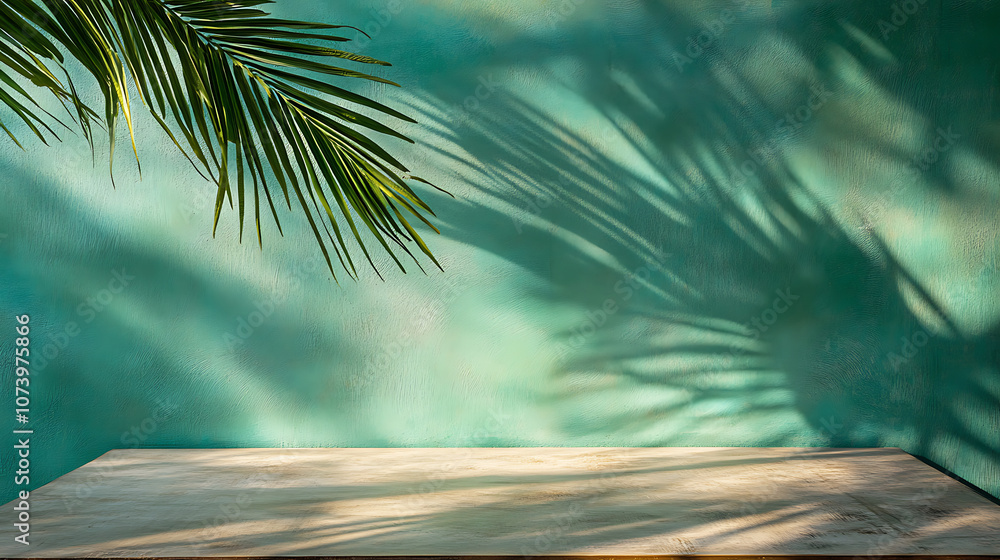 Poster Minimal abstract background for a product presentation, a green palm shadow on the wall, an empty table with soft shadows